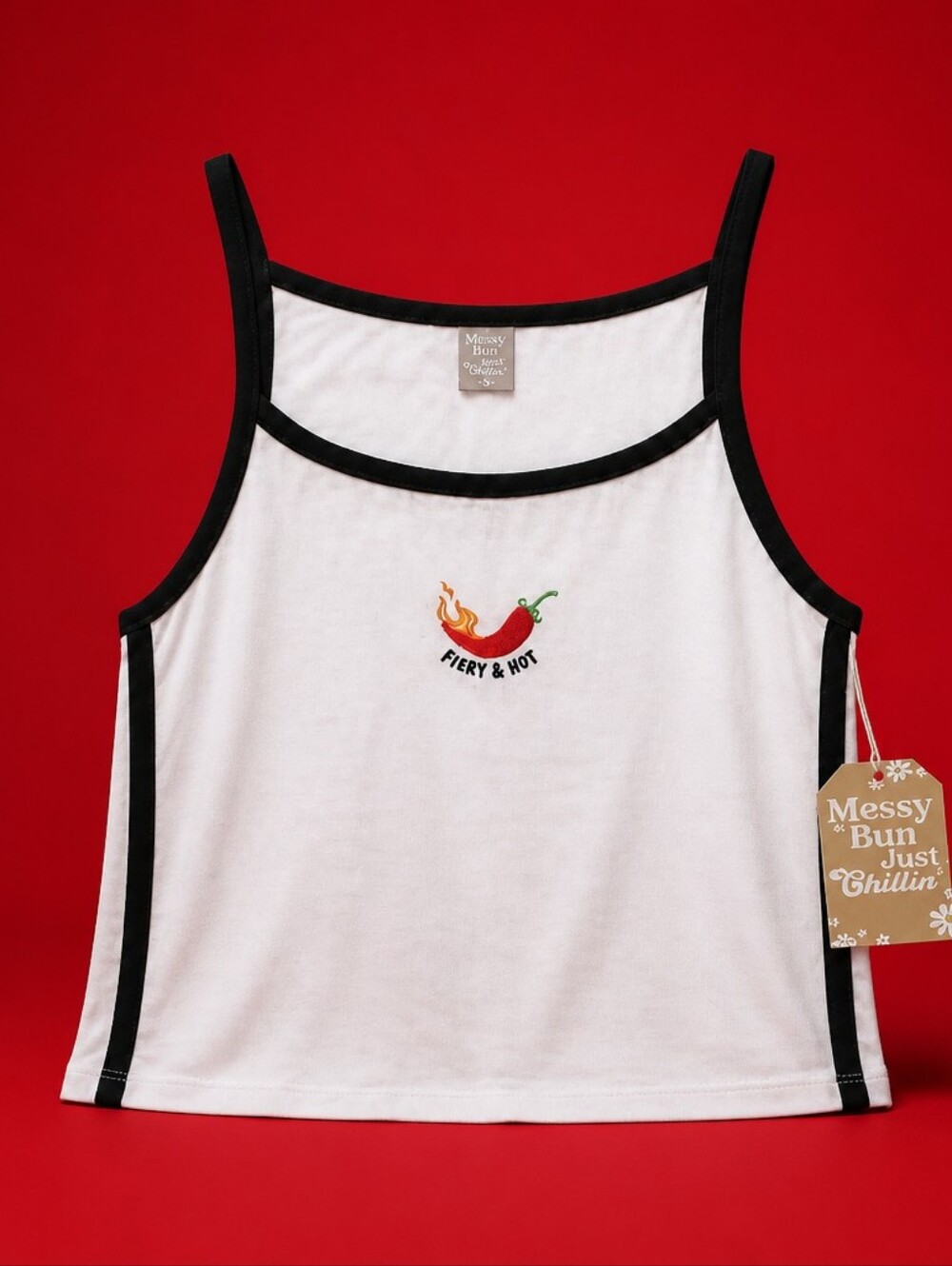 Messy Bun White & Black Ringer Tank Top - Fiery & Hot Embroidered NWT